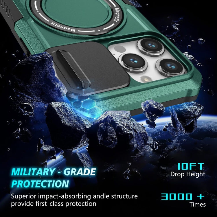 For iPhone 15 Pro Max Sliding Camshield MagSafe Holder TPU Hybrid PC Phone Case(Deep Green) - HoMEdemic™ 
