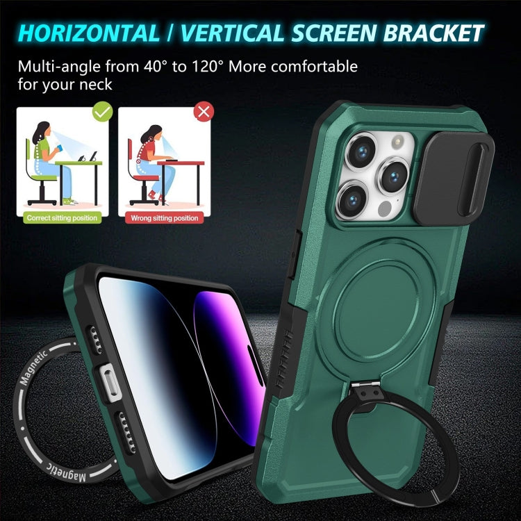 For iPhone 15 Pro Max Sliding Camshield MagSafe Holder TPU Hybrid PC Phone Case(Deep Green) - HoMEdemic™ 