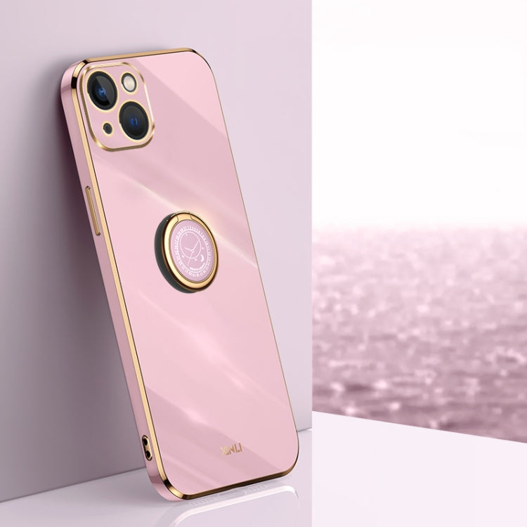 For iPhone 15 Plus XINLI Straight Edge 6D Electroplate TPU Phone Case with Ring Holder(Cherry Purple) - HoMEdemic™ 