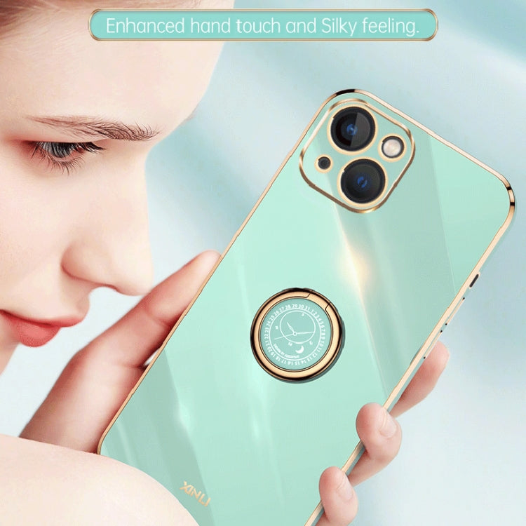 For iPhone 15 Plus XINLI Straight Edge 6D Electroplate TPU Phone Case with Ring Holder(Celestial Blue) - HoMEdemic™ 