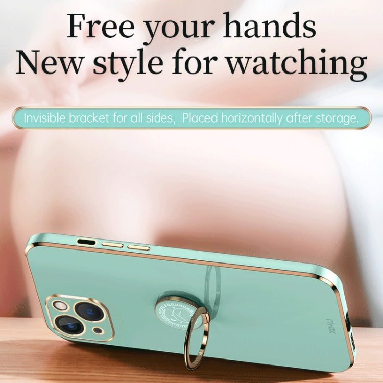 For iPhone 15 Plus XINLI Straight Edge 6D Electroplate TPU Phone Case with Ring Holder(Mint Green) - HoMEdemic™ 