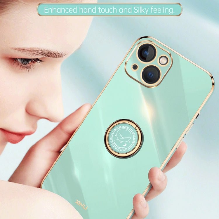 For iPhone 15 XINLI Straight Edge 6D Electroplate TPU Phone Case with Ring Holder(Mint Green) - HoMEdemic™ 