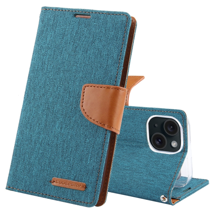 For iPhone 15 Plus GOOSPERY CANVAS DIARY Fabric Texture Flip Leather Phone Case(Green) - HoMEdemic™ 