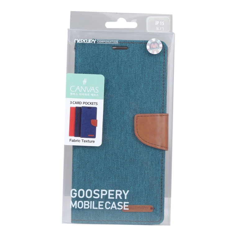 For iPhone 15 Plus GOOSPERY CANVAS DIARY Fabric Texture Flip Leather Phone Case(Green) - HoMEdemic™ 