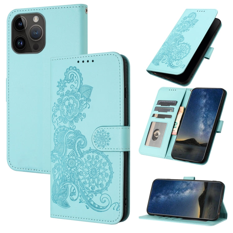 For iPhone 15 Pro Max Datura Flower Embossed Flip Leather Phone Case(Light blue) - HoMEdemic™ 