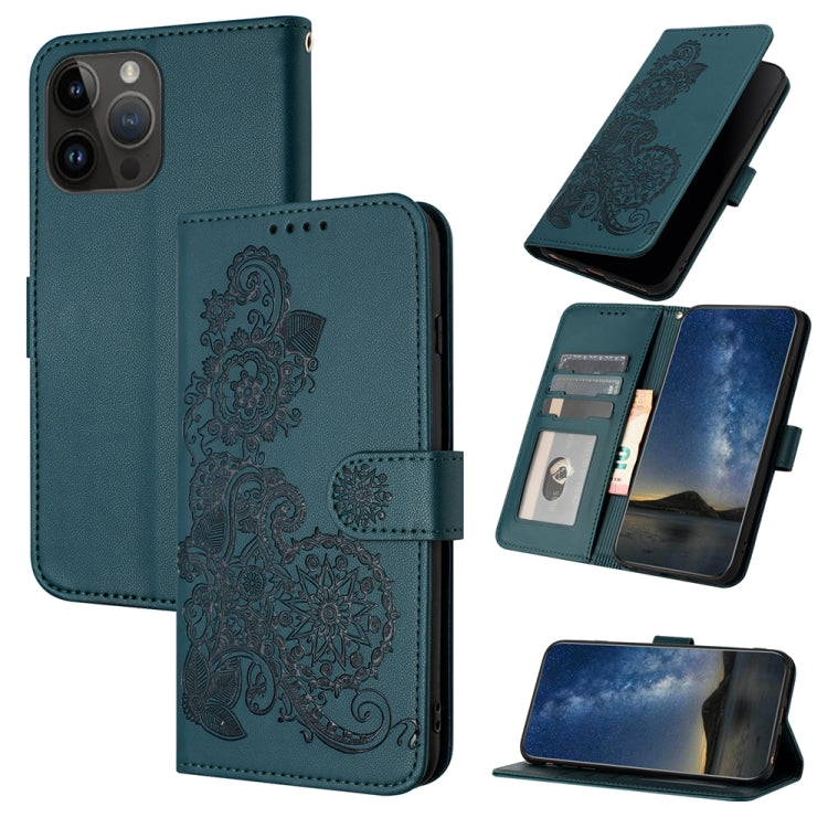 For iPhone 15 Pro Max Datura Flower Embossed Flip Leather Phone Case(Dark Green) - HoMEdemic™ 