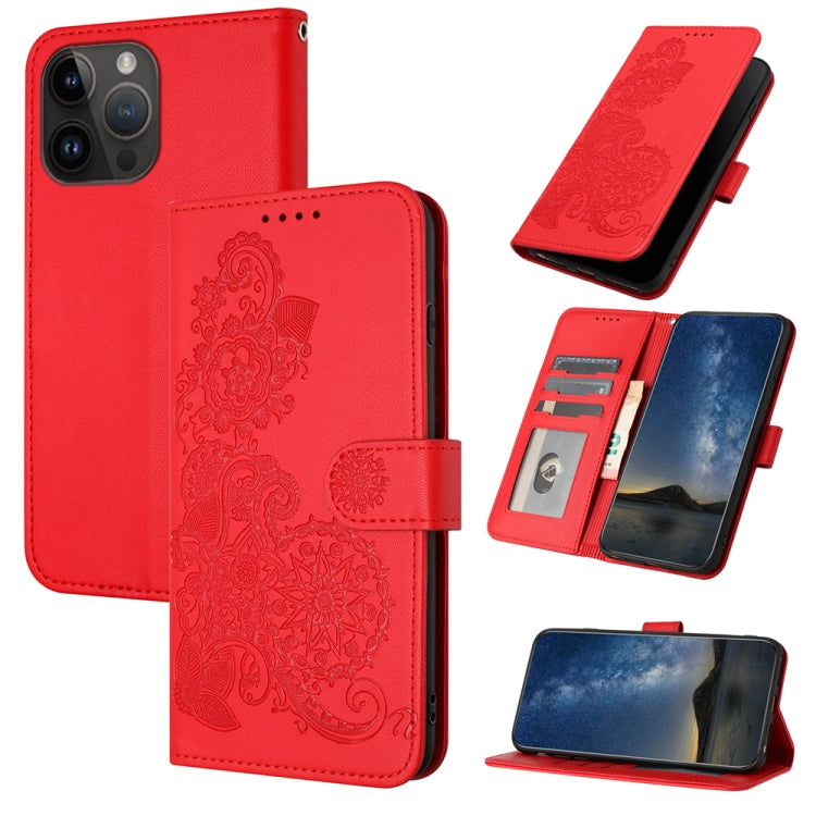 For iPhone 15 Pro Max Datura Flower Embossed Flip Leather Phone Case(Red) - HoMEdemic™ 