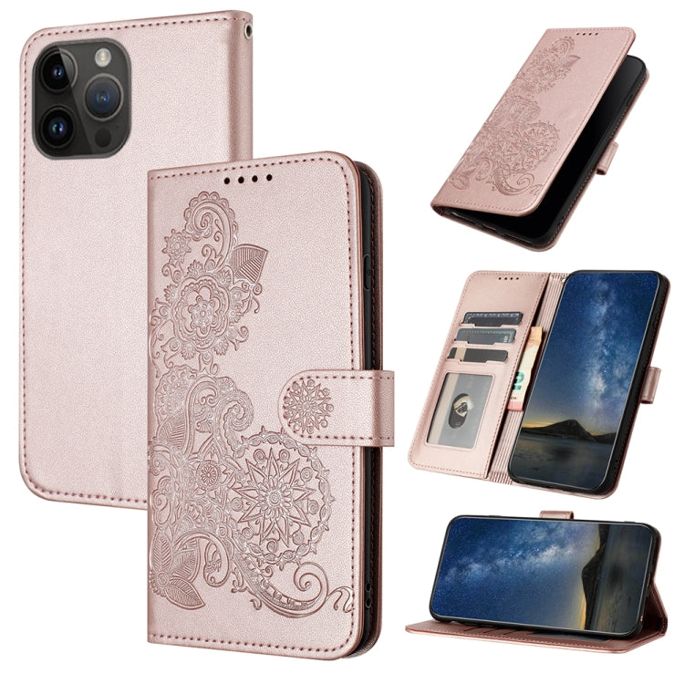 For iPhone 15 Pro Max Datura Flower Embossed Flip Leather Phone Case(Rose Gold) - HoMEdemic™ 