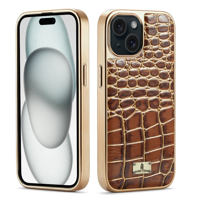 For iPhone 15 Plus Fierre Shann Crocodile Texture Electroplating PU Phone Case(Brown) - HoMEdemic™ 