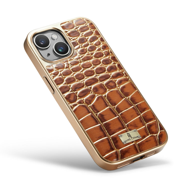 For iPhone 15 Plus Fierre Shann Crocodile Texture Electroplating PU Phone Case(Brown) - HoMEdemic™ 