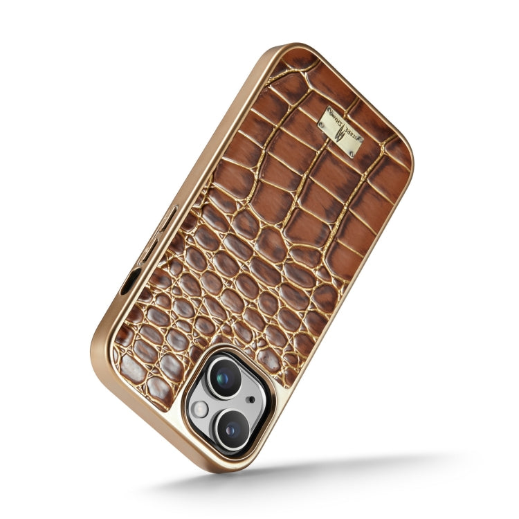 For iPhone 15 Plus Fierre Shann Crocodile Texture Electroplating PU Phone Case(Brown) - HoMEdemic™ 