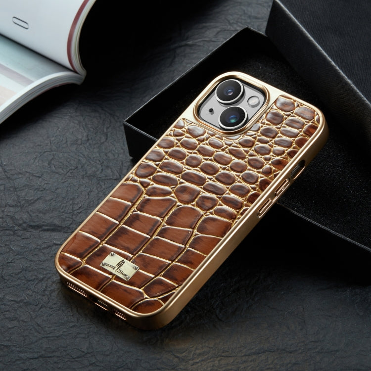 For iPhone 15 Plus Fierre Shann Crocodile Texture Electroplating PU Phone Case(Brown) - HoMEdemic™ 