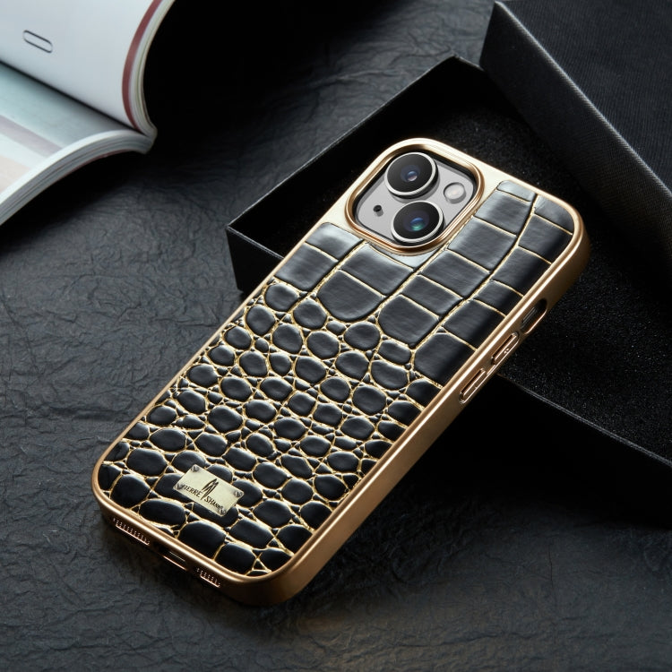 For iPhone 15 Plus Fierre Shann Crocodile Texture Electroplating PU Phone Case(Black) - HoMEdemic™ 