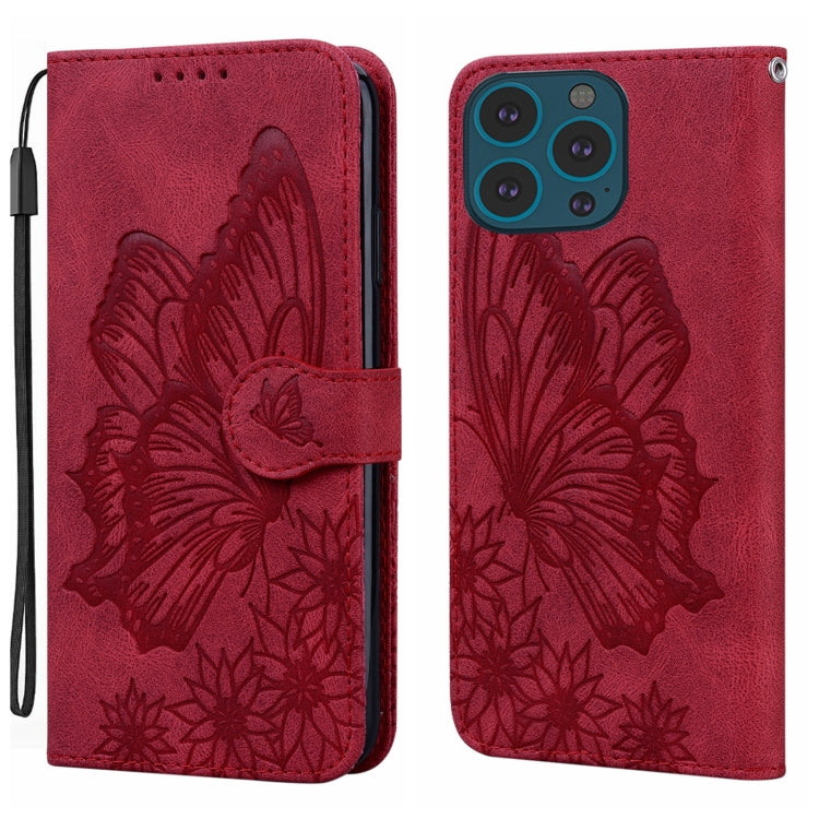 For iPhone 15 Pro Max Retro Skin Feel Butterflies Embossing Leather Phone Case(Red) - HoMEdemic™ 