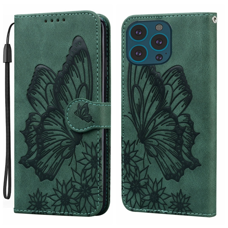 For iPhone 15 Pro Max Retro Skin Feel Butterflies Embossing Leather Phone Case(Green) - HoMEdemic™ 