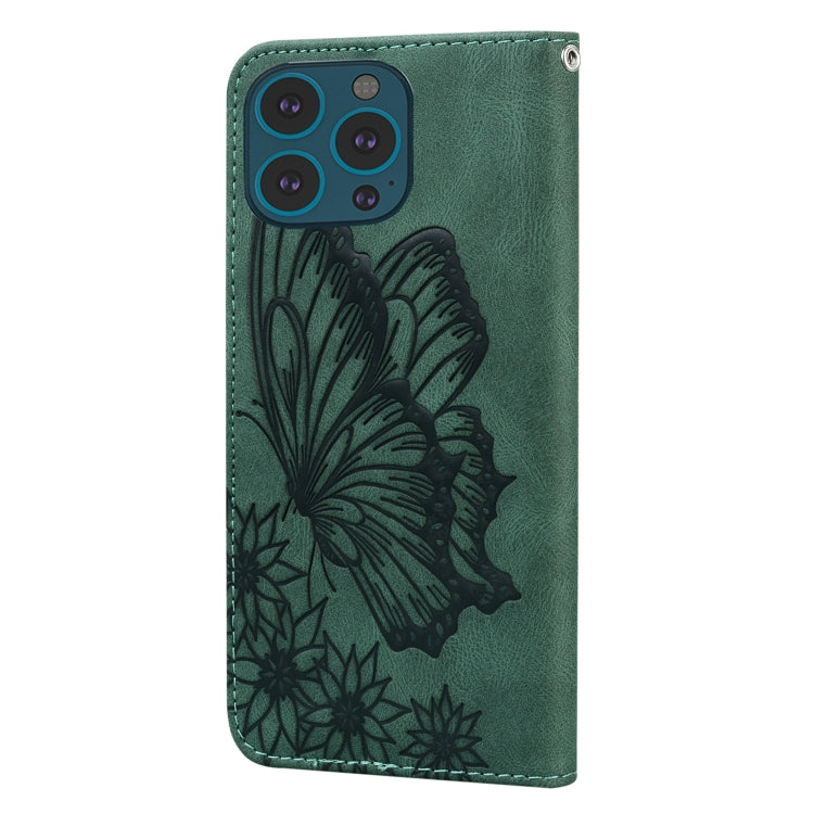 For iPhone 15 Pro Max Retro Skin Feel Butterflies Embossing Leather Phone Case(Green) - HoMEdemic™ 