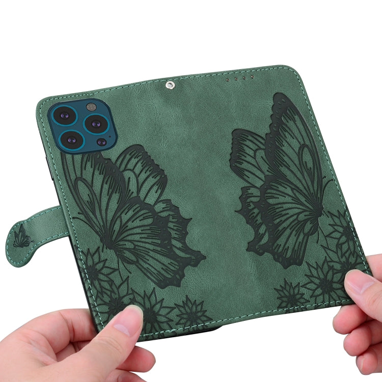 For iPhone 15 Pro Max Retro Skin Feel Butterflies Embossing Leather Phone Case(Green) - HoMEdemic™ 