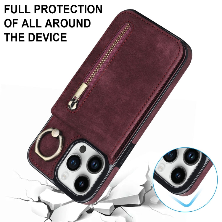 For iPhone 15 Pro Max Retro Ring and Zipper RFID Card Slot Phone Case(Wine Red) - HoMEdemic™ 