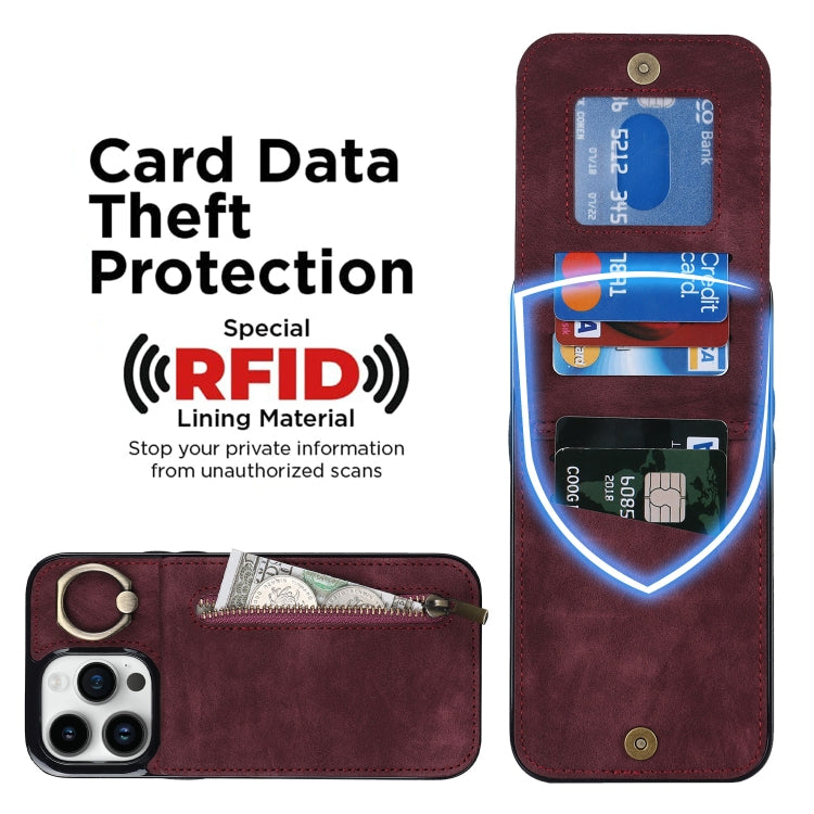 For iPhone 15 Pro Max Retro Ring and Zipper RFID Card Slot Phone Case(Wine Red) - HoMEdemic™ 