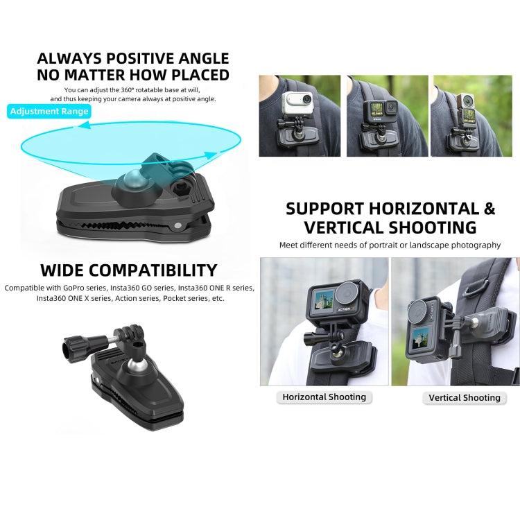 Sunnylife 360 Degree Rotation Swivel Backpack Clip Magnetic Suction Action Camera Mount(Black) - HoMEdemic™ 