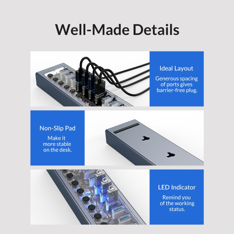 ORICO AT2U3-16AB-GY-BP 16 Ports USB 3.0 HUB with Individual Switches & Blue LED Indicator(AU Plug) - HoMEdemic™ 
