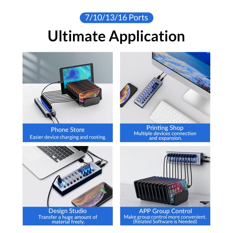 ORICO AT2U3-16AB-GY-BP 16 Ports USB 3.0 HUB with Individual Switches & Blue LED Indicator(UK Plug) - HoMEdemic™ 