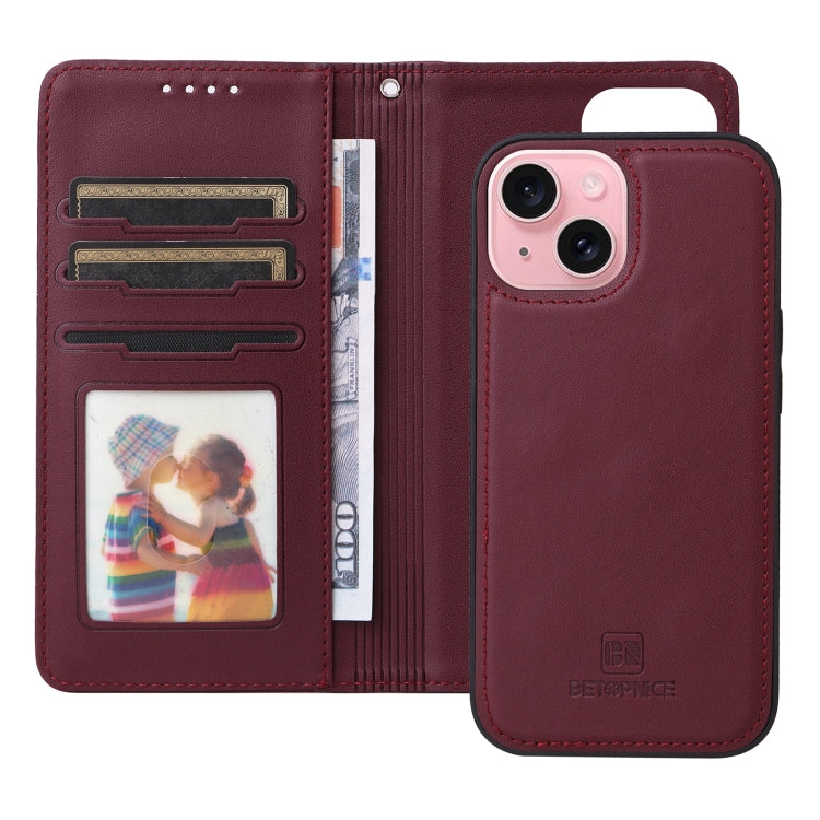 For iPhone 15 BETOPNICE BN-005 2 in 1 Detachable Imitate Genuine Leather Phone Case(Wine Red) - HoMEdemic™ 