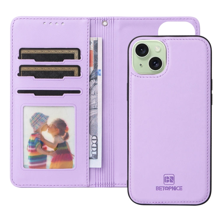 For iPhone 15 Plus BETOPNICE BN-005 2 in 1 Detachable Imitate Genuine Leather Phone Case(Light Purple) - HoMEdemic™ 