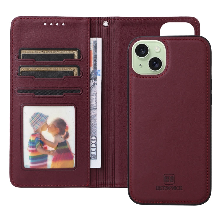 For iPhone 15 Plus BETOPNICE BN-005 2 in 1 Detachable Imitate Genuine Leather Phone Case(Wine Red) - HoMEdemic™ 