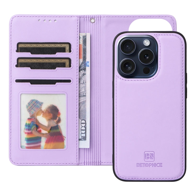 For iPhone 15 Pro BETOPNICE BN-005 2 in 1 Detachable Imitate Genuine Leather Phone Case(Light Purple) - HoMEdemic™ 