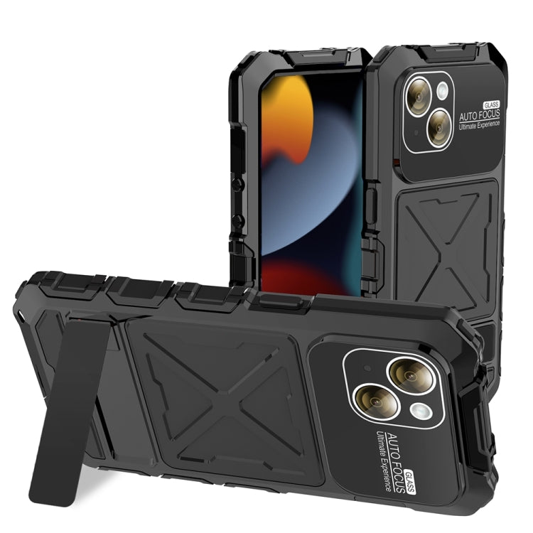 For iPhone 15 R-JUST Metal + Silicone + Tempered Glass Life Waterproof Phone Case with Holder(Black) - HoMEdemic™ 