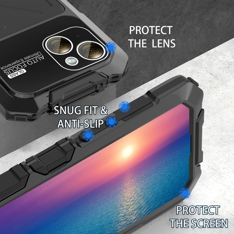For iPhone 15 R-JUST Metal + Silicone + Tempered Glass Life Waterproof Phone Case with Holder(Black) - HoMEdemic™ 
