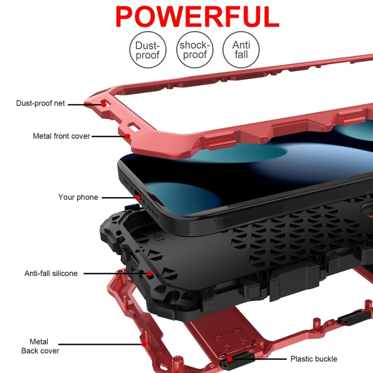 For iPhone 15 R-JUST Metal + Silicone + Tempered Glass Life Waterproof Phone Case with Holder(Red) - HoMEdemic™ 