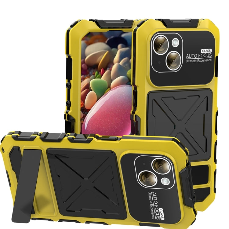 For iPhone 15 R-JUST Metal + Silicone + Tempered Glass Life Waterproof Phone Case with Holder(Yellow) - HoMEdemic™ 