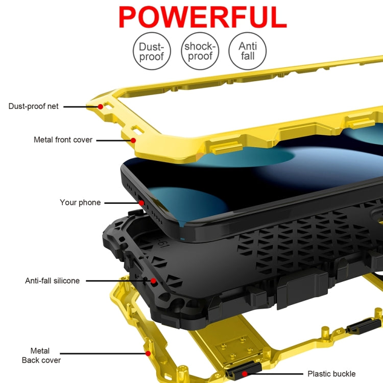 For iPhone 15 R-JUST Metal + Silicone + Tempered Glass Life Waterproof Phone Case with Holder(Yellow) - HoMEdemic™ 