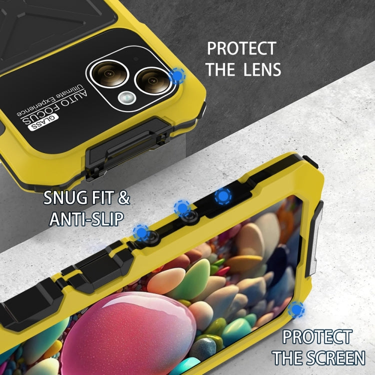 For iPhone 15 R-JUST Metal + Silicone + Tempered Glass Life Waterproof Phone Case with Holder(Yellow) - HoMEdemic™ 