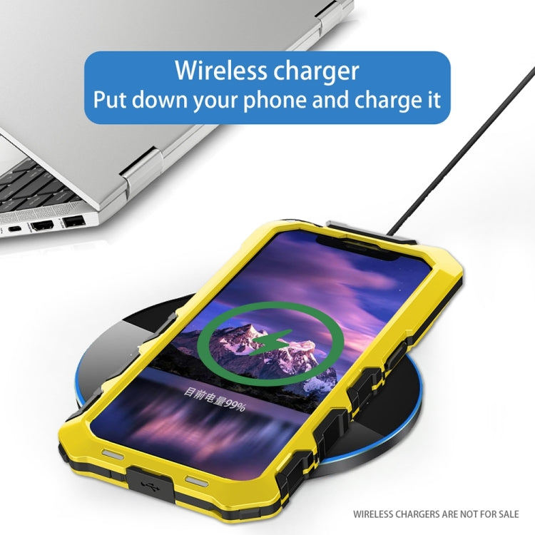 For iPhone 15 R-JUST Metal + Silicone + Tempered Glass Life Waterproof Phone Case with Holder(Yellow) - HoMEdemic™ 