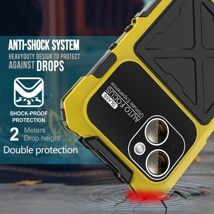 For iPhone 15 R-JUST Metal + Silicone + Tempered Glass Life Waterproof Phone Case with Holder(Yellow) - HoMEdemic™ 