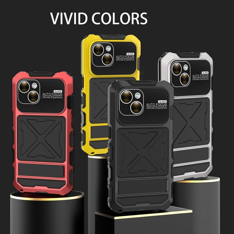 For iPhone 15 R-JUST Metal + Silicone + Tempered Glass Life Waterproof Phone Case with Holder(Yellow) - HoMEdemic™ 