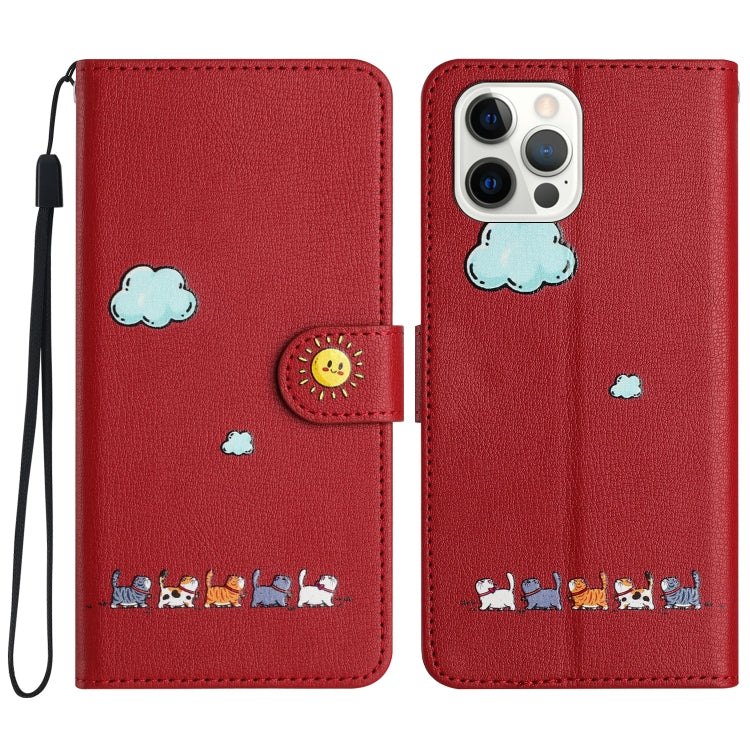 For iPhone 15 Pro Cartoon Cats Leather Phone Case(Red) - HoMEdemic™ 