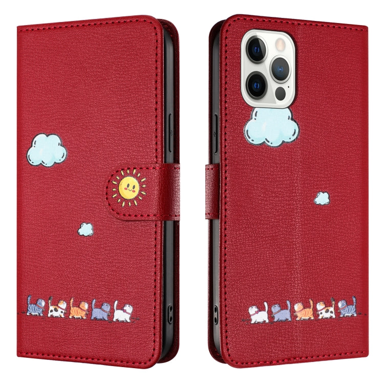 For iPhone 15 Pro Cartoon Cats Leather Phone Case(Red) - HoMEdemic™ 