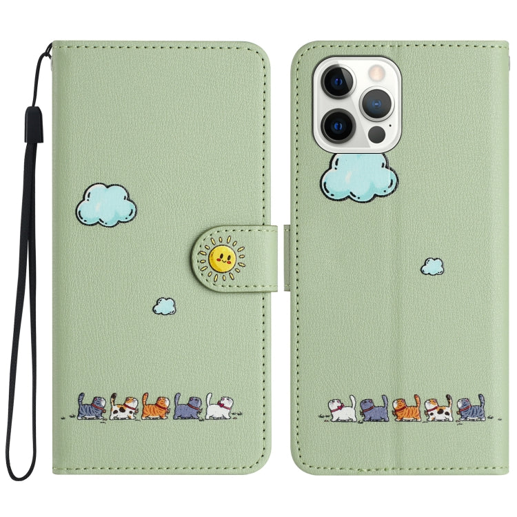 For iPhone 15 Pro Cartoon Cats Leather Phone Case(Green) - HoMEdemic™ 