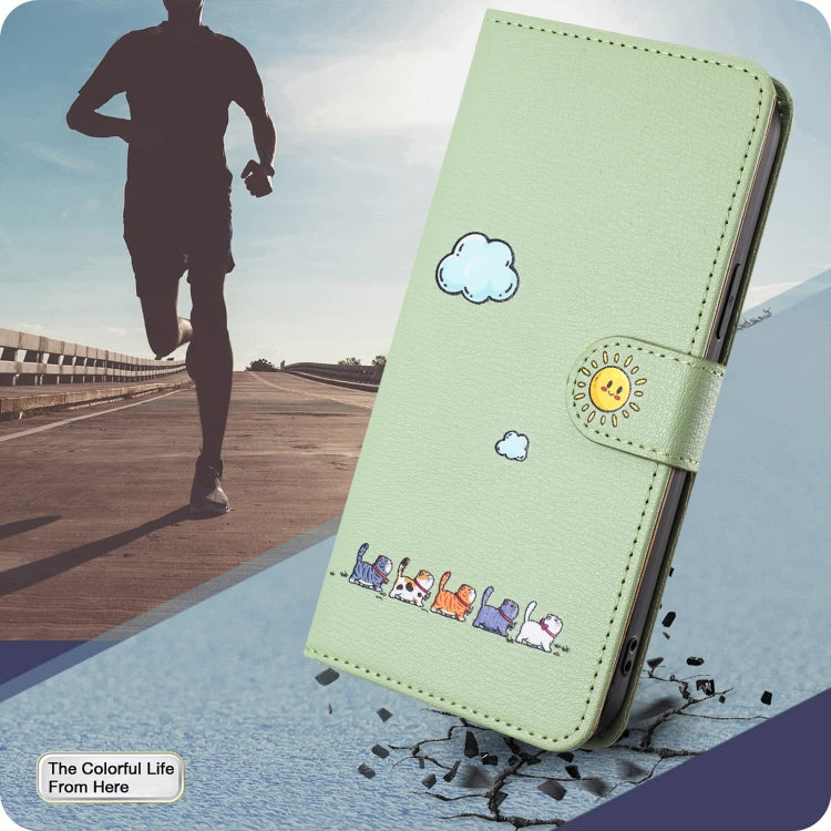 For iPhone 15 Pro Cartoon Cats Leather Phone Case(Green) - HoMEdemic™ 