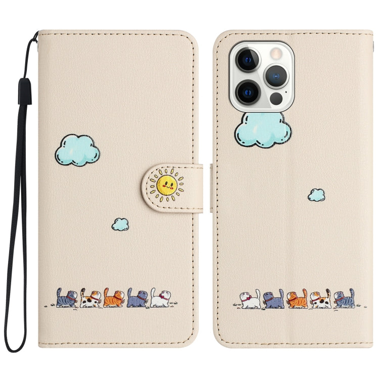 For iPhone 15 Pro Cartoon Cats Leather Phone Case(Beige White) - HoMEdemic™ 