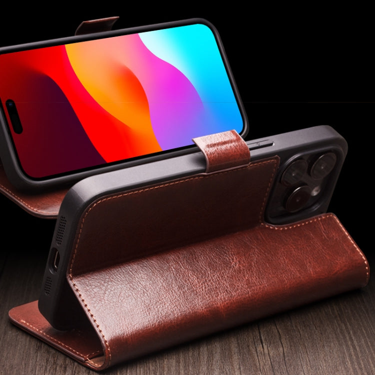 For iPhone 15 QIALINO Classic 103 Buckle Genuine Leather Phone Case(Brown) - HoMEdemic™ 