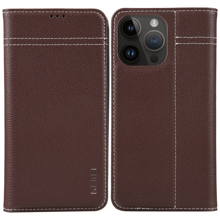 For iPhone 15 Pro GEBEI Top-grain Horizontal Flip Leather Phone Case(Brown) - HoMEdemic™ 