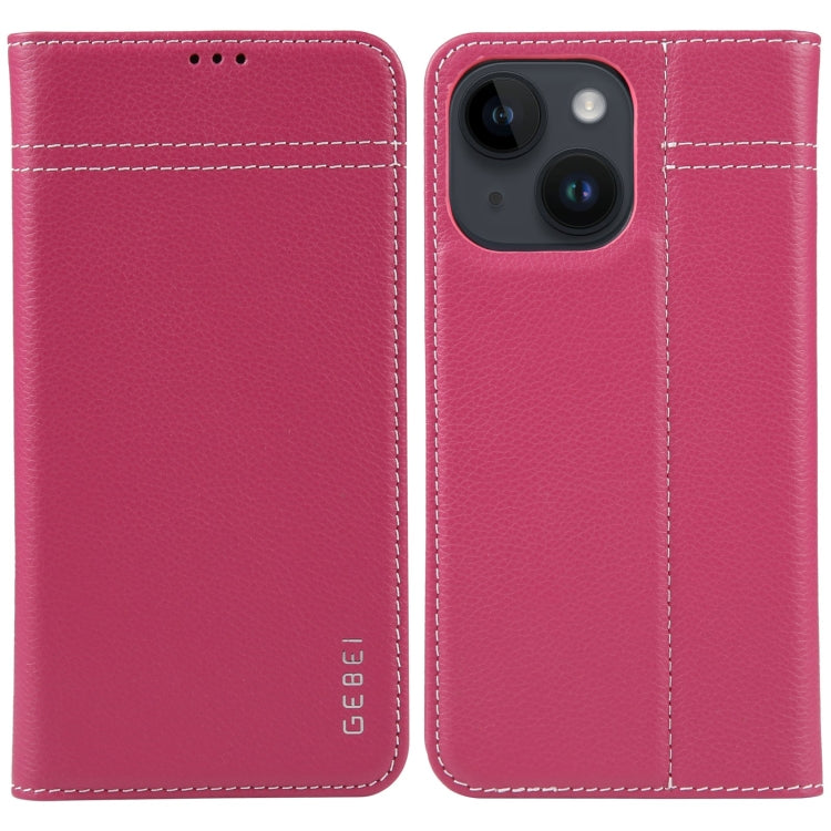 For iPhone 15 Plus GEBEI Top-grain Horizontal Flip Leather Phone Case(Rose Red) - HoMEdemic™ 