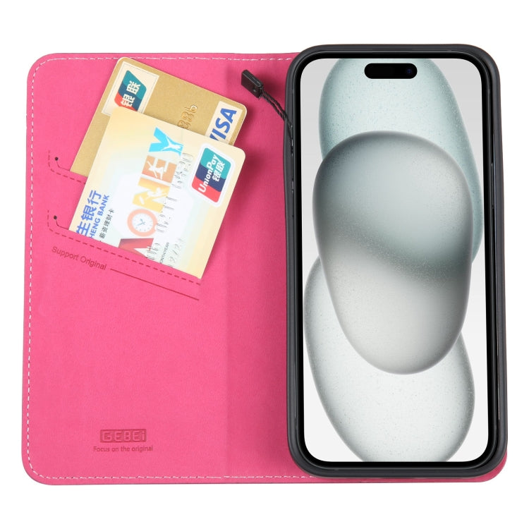 For iPhone 15 Plus GEBEI Top-grain Horizontal Flip Leather Phone Case(Rose Red) - HoMEdemic™ 