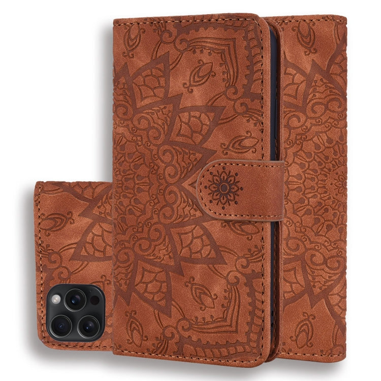 For iPhone 15 Pro Mandala Embossed Dual-Fold Calf Leather Phone Case(Brown) - HoMEdemic™ 