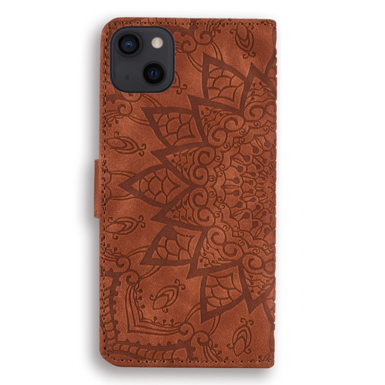 For iPhone 15 Pro Mandala Embossed Dual-Fold Calf Leather Phone Case(Brown) - HoMEdemic™ 